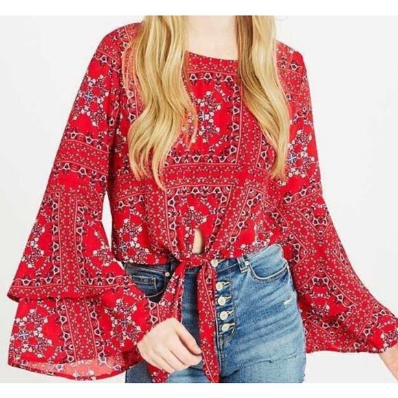 Altr'd State Red Bandana Print Cropped Bell Sleeve Top Fourth of July Sz S (2534 - Picture 1 of 7